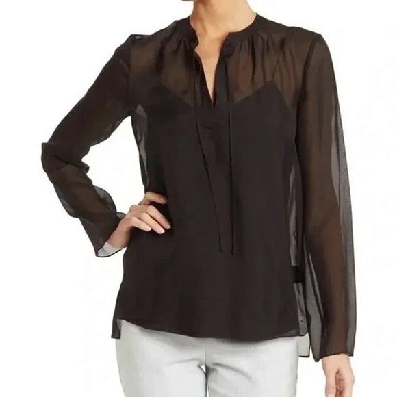THEORY Livilla Long Sleeve Blouse XS Black Sheer Arch Silk Solid Split Neck NEW - Picture 1 of 16
